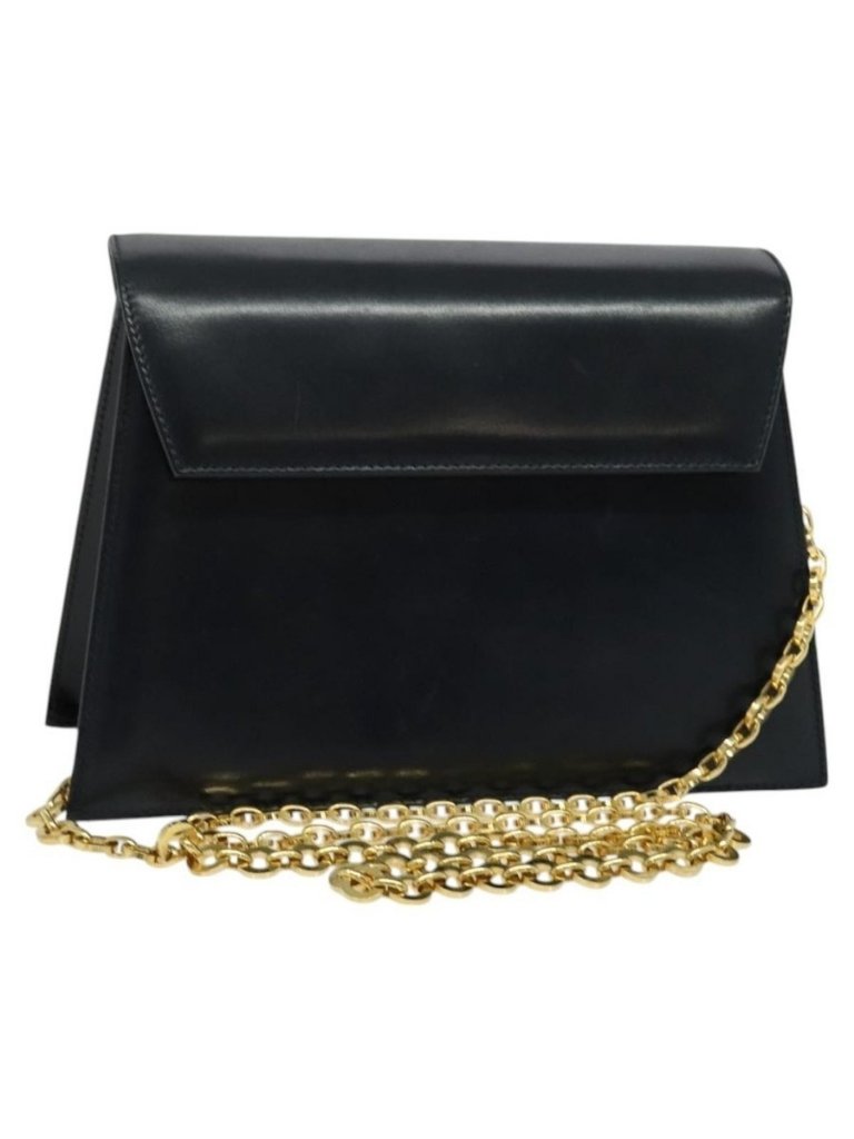 Authentic Salvatore Ferragamo Chain Shoulder Bag Leather Navy Gold